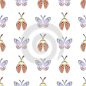 Seamless vector pattern with insects. Colorful ornamental background with ladubugs and butterflies.