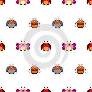 Seamless vector pattern with insects. Cute background with colorful comic butterflies, ladybugs, colorado beetles and bees