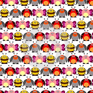 Seamless vector pattern with insects. Cute background with colorful comic butterflies, ladybugs, colorado beetles and bees