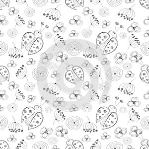 Seamless vector pattern with insects. Cute hand drawn background with ladybugs and flowers on the white backdrop.