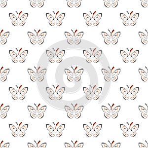 Seamless vector pattern with insects, symmetrical background with black and red butterflies on the white backdrop.