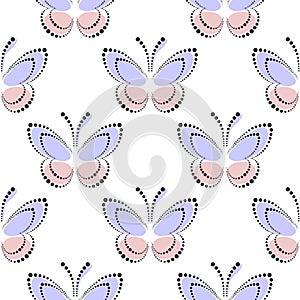 Seamless vector pattern with insects, symmetrical background with blue and pink butterflies on the white backdrop. Decorative orna