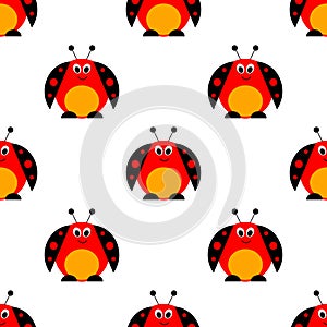 Seamless vector pattern with insects, symmetrical background with bright cute comic ladybugs,