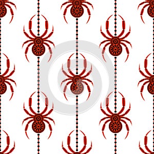 Seamless vector pattern with insects, symmetrical background with bright decorative red closeup spiders