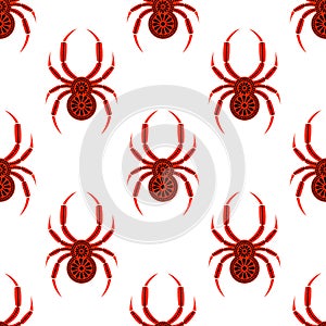 Seamless vector pattern with insects, symmetrical background with bright decorative red closeup spiders, over white backdrop.