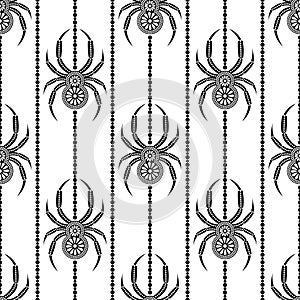 Seamless vector pattern with insects, symmetrical background with decorative black closeup spiders