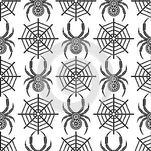 Seamless vector pattern with insects, symmetrical background with decorative black closeup spiders, over white backdrop with spide