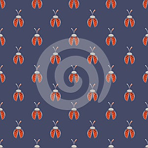 Seamless vector pattern with insects, symmetrical background with red decorative ladybugs, on the blue backdrop.