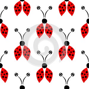 Seamless vector pattern with insects, symmetrical background with red hand drawn decorative ladybugs on the white backdrop.