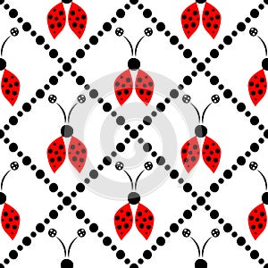 Seamless vector pattern with insects, symmetrical background with red hand drawn decorative ladybugs on the white backdrop with r
