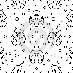 Seamless vector pattern with insects, symmetrical black and white background with ladybugs and dots