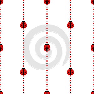 Seamless vector pattern with insects, symmetrical geometric background with bright little ladybugs, over white backdrop