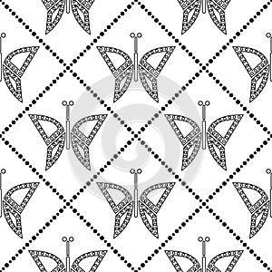 Seamless vector pattern with insects, symmetrical geometric black and white background with butterflies. Decorative repeating orna