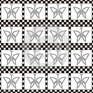 Seamless vector pattern with insects, symmetrical geometric black and white background with butterflies. Decorative repeating orna