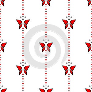 Seamless vector pattern with insects, symmetrical geometric red background with butterflies