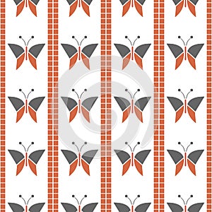 Seamless vector pattern with insects, symmetrical geometric red background with butterflies. Decorative repeating ornament