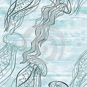 Seamless vector pattern with jellyfish on blue watercolor background. Abstract nature background.  Vector. Perfect for design