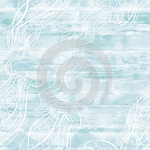 Seamless vector pattern with jellyfish on blue watercolor background. Abstract nature background.  Vector. Perfect for design