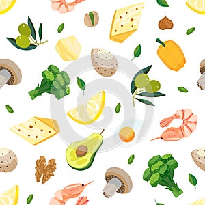 Seamless vector pattern of keto diet with low-crab products