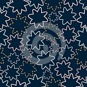 Seamless vector pattern with large colored stars of various sizes on a dark background, executed with lines. Childrens