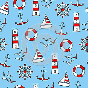 Seamless vector pattern of marine elements icons Anchor Ship Wheel Seagull lighthouse and a lifeline. Made in red white on a blue