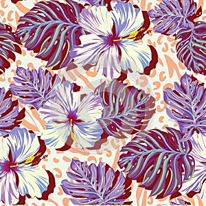 Seamless vector pattern for men, aloha flowers in muted colors.