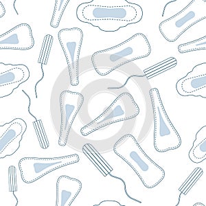 Seamless vector pattern with menstruation sanitary pads and cotton tampons.