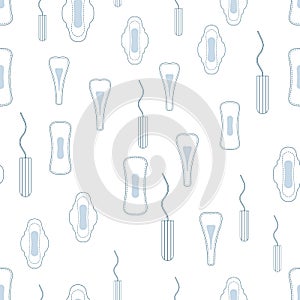 Seamless vector pattern with menstruation sanitary pads and cotton tampons.