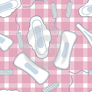 Seamless vector pattern with menstruation sanitary pads and cotton tampons.