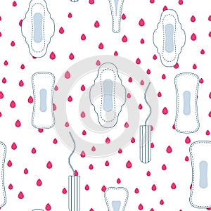 Seamless vector pattern with menstruation sanitary pads and cotton tampons.