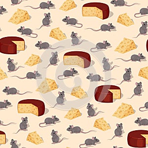 Seamless vector pattern of mice and pieces of cheese