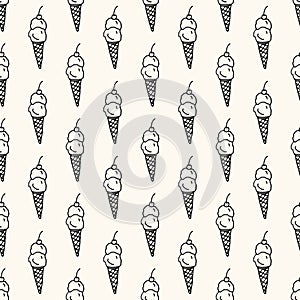 Seamless vector pattern with monocrome ice cream on cone with cherry.