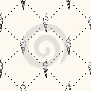 Seamless vector pattern with monocrome ice cream on cone with cherry and polka dot. Can be used for wallpaper, pattern