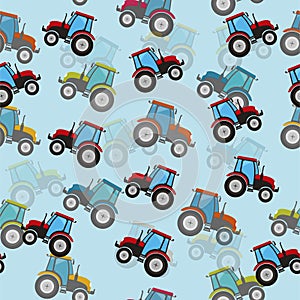 Seamless vector pattern with multi-colored tractors on a blue background