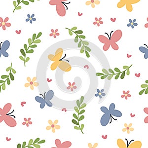 Seamless vector pattern. Multicolored butterflies, flowers and leaves. Pattern on white background