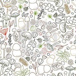 Seamless vector pattern with mushrooms, cones, needles, and berries. Illustration of a forest clearing. Design for paper