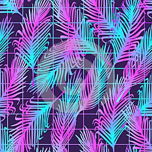 Seamless vector pattern with neon palm leaves. Tropical glowing background with grid. Vaporwave, retrowave, synth music