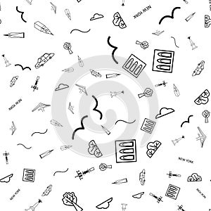 Seamless vector pattern with New York landmarks and buildings in line art style. Black and white illustration