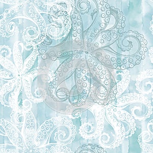 Seamless vector pattern with octopus on blue watercolor background. Abstract nature background.  Vector. Perfect for design