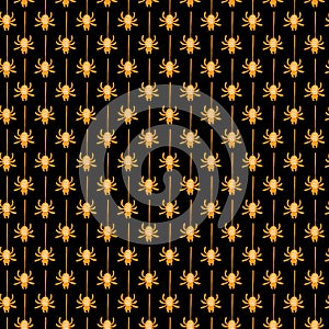 Seamless vector pattern with orange spiders on black background.