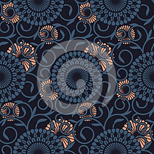 Seamless vector pattern with ornamented circles and flourish. seamless template in swatch panel