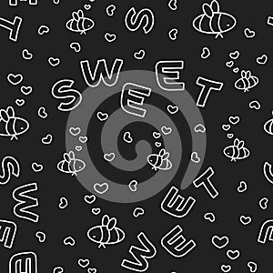 Seamless vector pattern of outline cartoon simple bees, hearts, Sweet letters text. Dark gray background, white elements are
