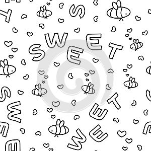 Seamless vector pattern of outline cartoon simple bees, hearts, Sweet letters text. White background, elements are isolated