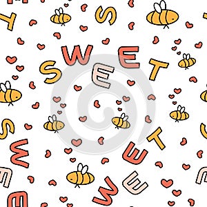 Seamless vector pattern of outline cartoon simple bees, hearts, Sweet letters text. White background, yellow, pink elements are