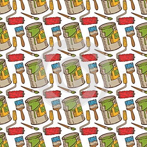 Seamless Vector Pattern with Paint and Roller Brushes, Tin Cans
