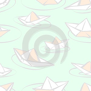 Seamless vector pattern with paper boats in cartoon style, light pastel colors