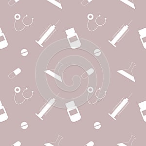 Seamless vector pattern, pastel chaotic background with white medical tools and pills.