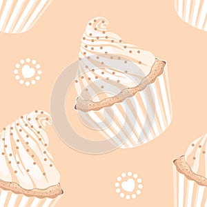 Seamless vector pattern in pastel colores. Cupcakes with pink whipped cream and confectionery sprinkles