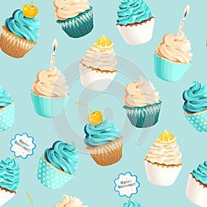 Seamless vector pattern with pastel mint cupcakes