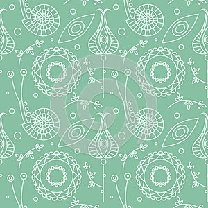 Seamless vector pattern. Pastel monochrome repeating background with decorative ornamental snails, flowers and leaves on the white